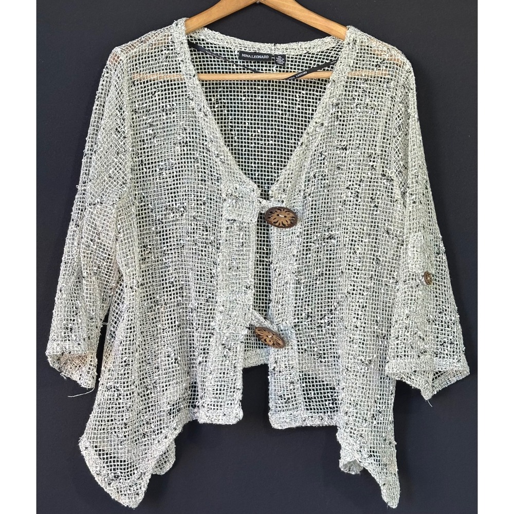 Nina Leonard Cardigan Mesh Open Knit Womens XL Ivory Old Money Luxury